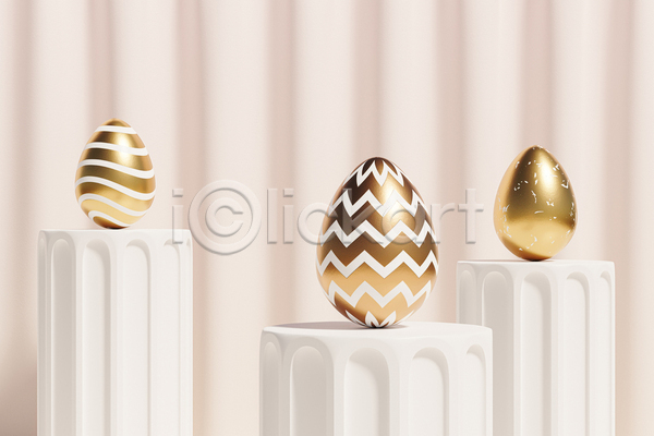 사람없음 3D JPG 포토 해외이미지 계란 금색 단상 미니멀 베이지색배경 세개 원기둥 줄무늬 지그재그 포디움