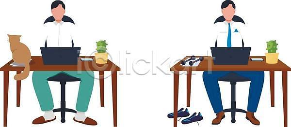 남자 두명 성인 성인남자만 EPS 일러스트 해외이미지 고양이 노트북 선인장 아령 앉기 업무 운동 의자 전신 타이핑 탁자 화분