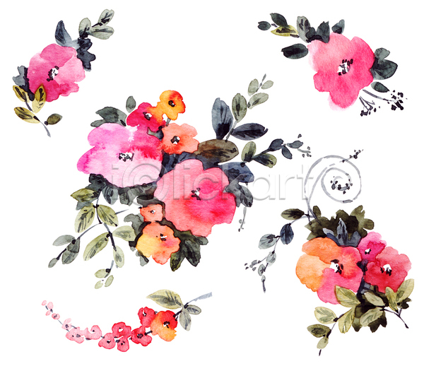 사람없음 JPG 일러스트 포토 해외이미지 그림 꽃 분홍색 손그림 수채화(물감) 잎
