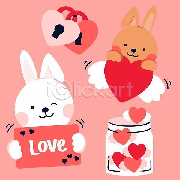 사랑 축하 행복 사람없음 EPS 일러스트 해외이미지 들기 디자인 분홍색 유리병 자물쇠 토끼 토끼캐릭터 팻말 하트