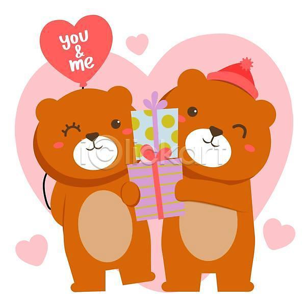 사랑 사람없음 EPS 일러스트 해외이미지 곰 곰캐릭터 두마리 들기 모자(잡화) 선물 선물상자 하트 하트풍선