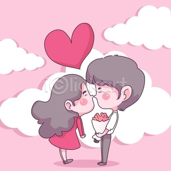 사랑 남자 두명 성인 성인만 여자 EPS 일러스트 해외이미지 구름(자연) 꽃다발 들기 마주보기 분홍색 커플 키스 하트