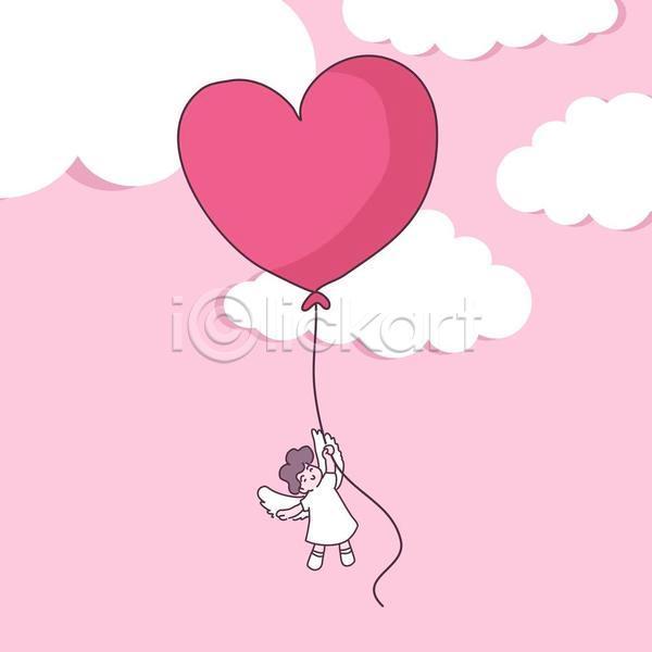 사랑 남자 소년 소년한명만 어린이 한명 EPS 일러스트 해외이미지 구름(자연) 떠있는 매달리기 분홍색 비행 잡기 전신 천사 천사날개 큐피드 하트풍선
