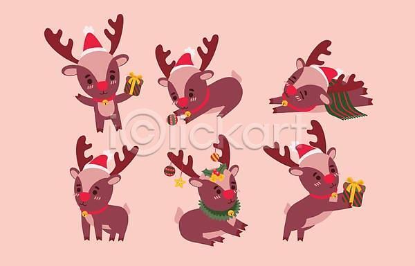 사람없음 EPS 일러스트 해외이미지 눕기 들기 디자인 루돌프 분홍색 사슴 산타모자 선물상자 여러마리 크리스마스장식