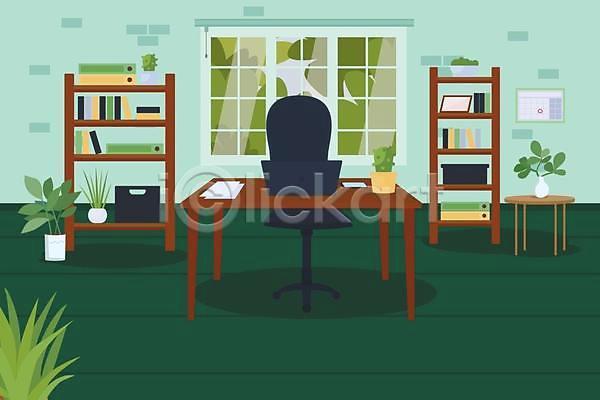 사람없음 EPS 일러스트 해외이미지 노트북 만화 사무실 업무 의자 직장 책상 책장 초록색 탁자