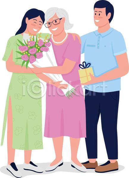 축하 남자 노년 성인 세명 여자 EPS 일러스트 해외이미지 꽃다발 들기 서기 선물상자 안경낌 안기 어깨에손 전신 포옹 할머니