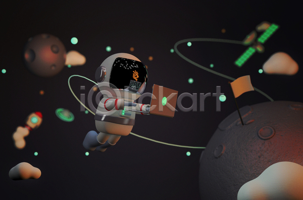 사람 한명 3D JPG 포토 해외이미지 검은색 구름(자연) 깃발 노트북 로켓 연결 우주 우주복 우주비행사 우주선 인공위성 전신 줄 행성