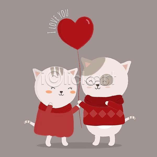사랑 사람없음 EPS 일러스트 해외이미지 고양이 고양이캐릭터 들기 백그라운드 빨간색 스웨터 안경낌 하트 하트풍선 회색