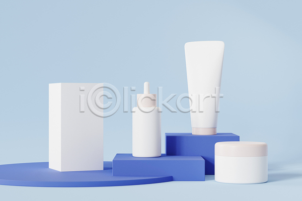 사람없음 3D JPG 해외이미지 단상 목업 브랜딩 스킨케어 실내 앰플 튜브용기 파란배경 피부관리 화장품