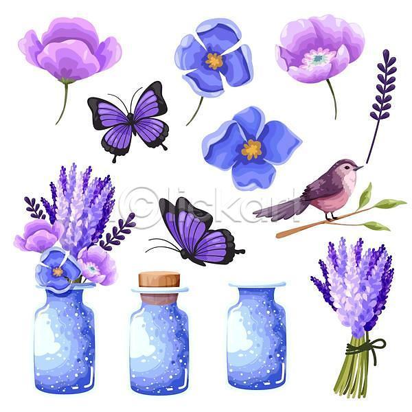 사람없음 EPS 일러스트 해외이미지 꽃다발 꽃병 나비 라일락 보라색 수채화(물감) 유리병 조류 파란색