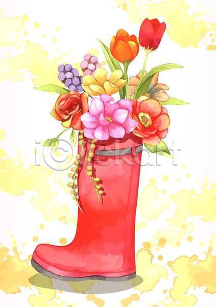 사랑 사람없음 EPS 일러스트 해외이미지 꽃다발 담기 봄 봄꽃 빨간색 수채화(물감) 장화
