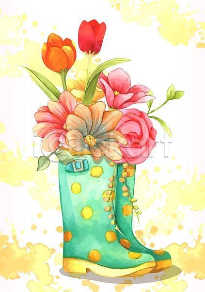 사랑 사람없음 EPS 일러스트 해외이미지 꽃다발 담기 봄 봄꽃 수채화(물감) 장화 초록색