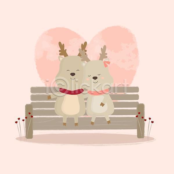 사랑 행복 사람없음 EPS 일러스트 해외이미지 두마리 목도리 벤치 분홍색 사슴 사슴캐릭터 앉기 커플 하트