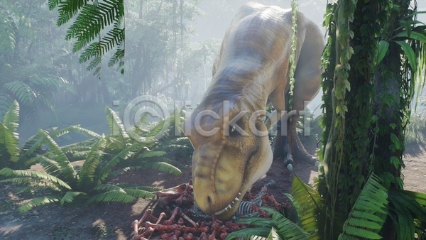 사람없음 3D JPG 해외이미지 고생물 나무 먹기 사냥 사냥감 숲 야생동물 야외 육식공룡 주간 쥬라기 티라노사우루스 풀(식물) 한마리