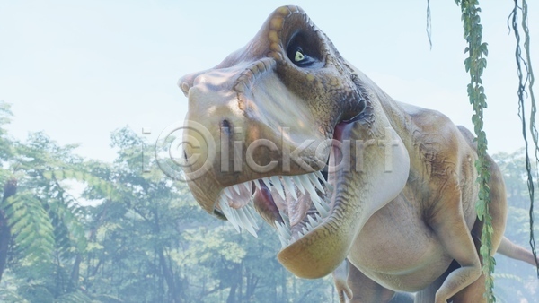 사람없음 3D JPG 근접촬영 해외이미지 고생물 숲 야생동물 야외 육식공룡 주간 쥬라기 티라노사우루스 풀(식물) 한마리