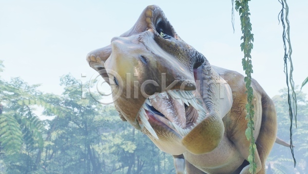 사람없음 3D JPG 근접촬영 해외이미지 고생물 숲 야생동물 야외 육식공룡 입벌림 주간 쥬라기 티라노사우루스 풀(식물) 한마리