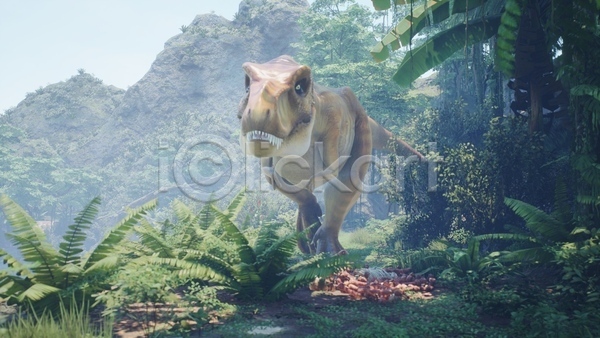 사람없음 3D JPG 해외이미지 걷기 고생물 나무 산 숲 야생동물 야외 육식공룡 주간 쥬라기 티라노사우루스 풀(식물) 한마리
