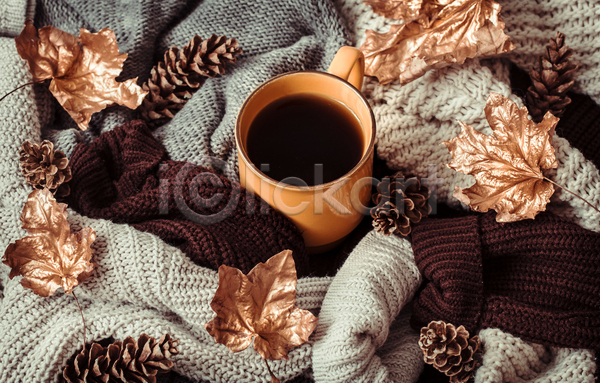 감성 사람없음 JPG 포토 해외이미지 겨울 낙엽 머그컵 목도리 솔방울 스웨터 실내 오브젝트 커피