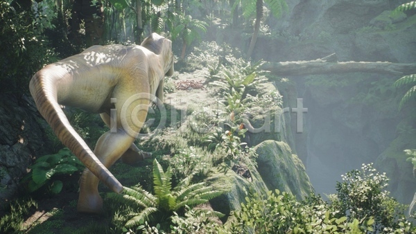 사람없음 3D JPG 해외이미지 걷기 고생물 길 나무 숲 야생동물 야외 육식공룡 절벽 주간 쥬라기 티라노사우루스 풀(식물) 한마리