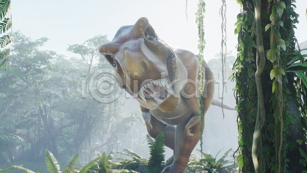 사람없음 3D JPG 해외이미지 고생물 나무 숲 야생동물 야외 육식공룡 입벌림 주간 쥬라기 티라노사우루스 풀(식물) 한마리