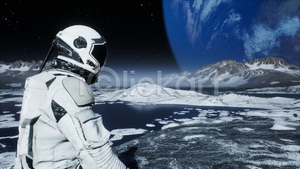 사람 한명 3D JPG 디지털합성 해외이미지 SF 산 상반신 우주 우주복 우주비행사 행성
