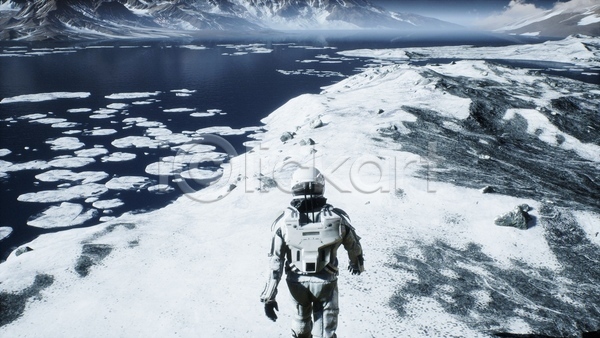 사람 한명 3D JPG 디지털합성 해외이미지 SF 걷기 겨울 눈(날씨) 빙하 상반신 우주복 우주비행사