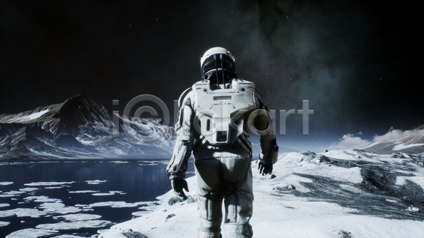 사람 한명 3D JPG 디지털합성 해외이미지 SF 걷기 겨울 밤하늘 빙하 산 상반신 우주복 우주비행사