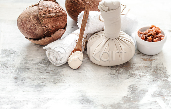 사람없음 JPG 포토 해외이미지 나무숟가락 바디케어 수건 스파용품 오브젝트 코코넛 흰색