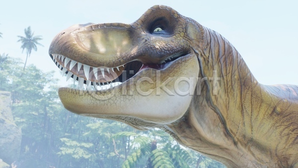사람없음 3D JPG 근접촬영 해외이미지 고생물 나무 야생동물 야외 육식공룡 입벌림 주간 쥬라기 티라노사우루스 한마리