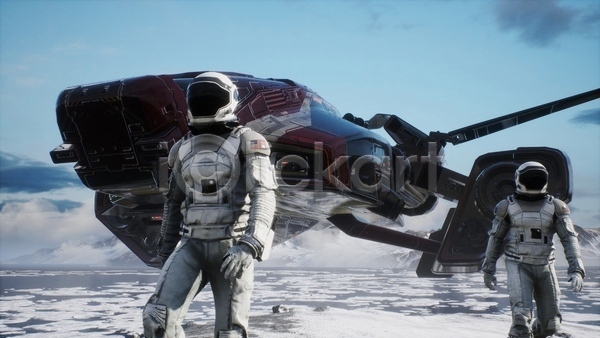 두명 사람 3D JPG 디지털합성 해외이미지 SF 걷기 겨울 구름(자연) 상반신 우주복 우주비행사 우주선 하늘