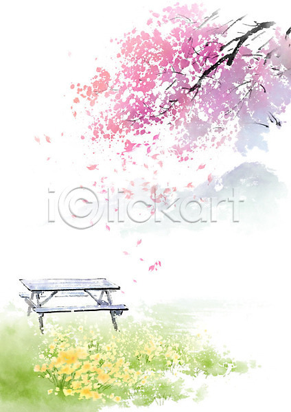 따뜻함 사람없음 PSD 일러스트 꽃밭 나무 번짐 벚나무 벤치 봄 봄풍경 붓터치 초원(자연) 캘리그라피