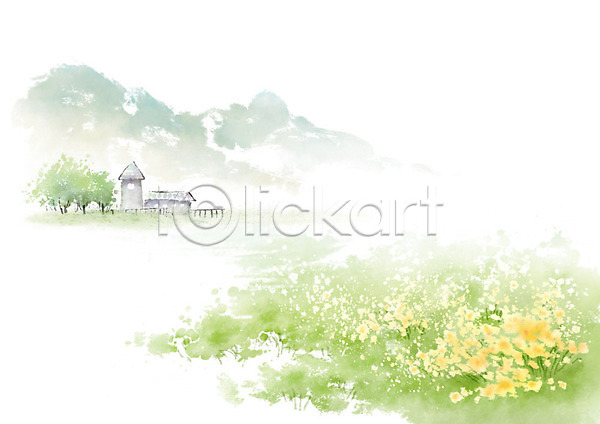 따뜻함 사람없음 PSD 일러스트 꽃밭 나무 번짐 봄 봄풍경 붓터치 산 주택 초원(자연) 캘리그라피