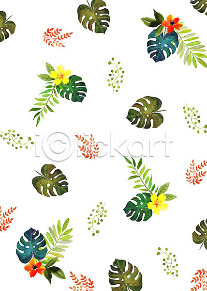 감성 따뜻함 화려 사람없음 PSD 일러스트 꽃 몬스테라 붓터치 수채화(물감) 식물 잎 컬러풀 트로피컬아트 패턴 플라워패턴