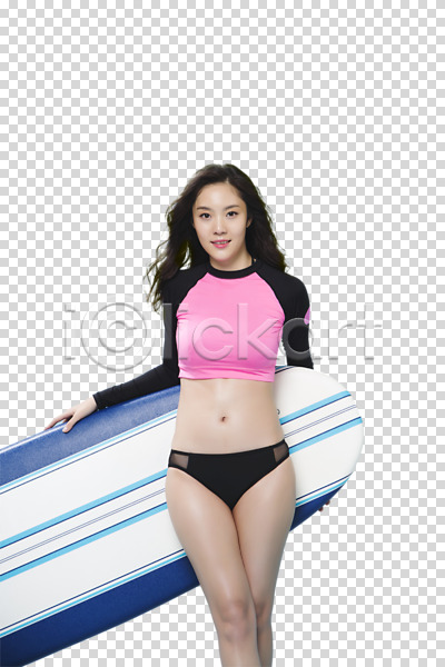 20대 사람 성인 성인여자한명만 여자 한국인 한명 PNG 앞모습 편집이미지 들기 래쉬가드 미소(표정) 상반신 서핑 서핑보드 수영복 여름(계절) 응시 의료성형뷰티 패들보드 편집소스