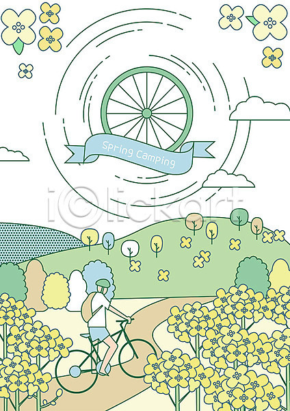여유 즐거움 남자 사람 성인 성인남자한명만 한명 AI(파일형식) 일러스트 꽃 나무 바퀴 배낭 봄 사이클링 숲길 아웃도어 언덕 오솔길 자전거 자전거여행 전신 캠핑 헬멧