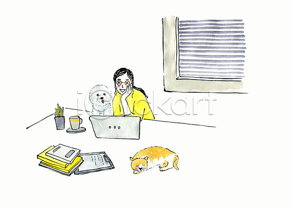 사람 성인 성인여자한명만 여자 한명 PSD 일러스트 강아지 고양이 노트북 두마리 문서 미소(표정) 반려 반려동물 반려묘 번짐 블라인드 비숑프리제 상반신 수채화(물감) 싱글라이프 앉기 응시 일상 창문 책더미 책상 커피 턱괴기 화분