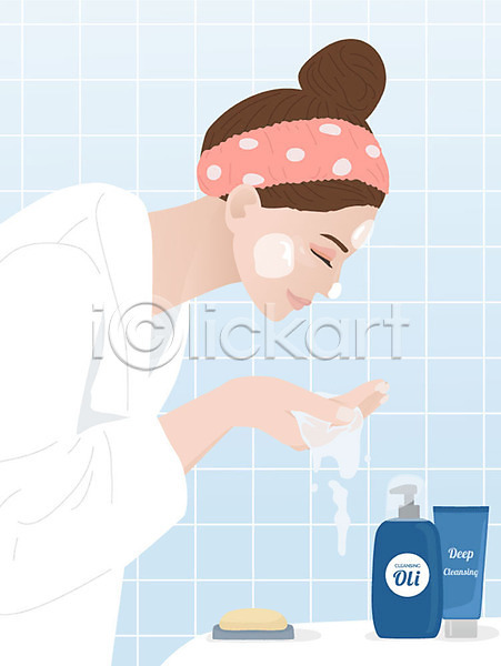 사람 성인 성인여자한명만 여자 한명 AI(파일형식) 일러스트 두건 목욕가운 봄 뷰티 비누 상반신 세면대 세수 세안제 욕실 우먼라이프 자기관리 클렌징 피부관리 하늘색 화장실