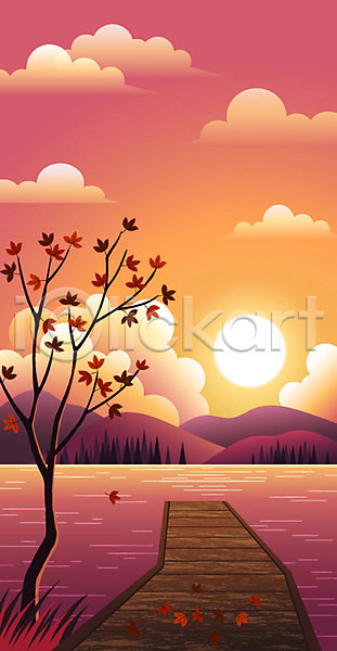 사람없음 AI(파일형식) 일러스트 가을(계절) 가을배경 구름(자연) 그래픽 그래픽백그라운드 노을 단풍 단풍나무 산 주황색 태양 하늘 호수