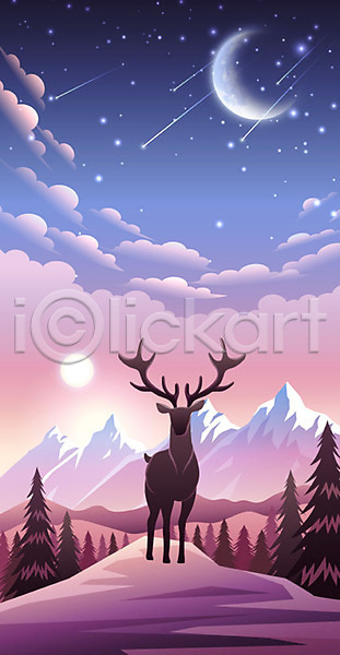 사람없음 AI(파일형식) 일러스트 겨울 겨울배경 겨울산 계절 구름(자연) 그래픽 그래픽백그라운드 나무 달 백그라운드 별 보라색 분홍색 사슴 산 숲 초승달 풍경(경치) 한마리