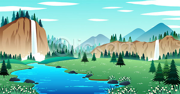 사람없음 AI(파일형식) 일러스트 개울 계절 그래픽 그래픽백그라운드 나무 백그라운드 봄 봄배경 산 숲 잔디 초록색 파란색 폭포 풍경(경치) 하늘