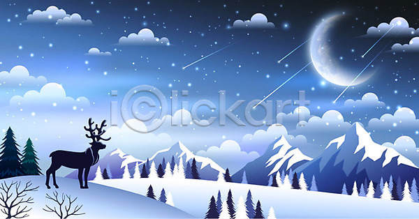 사람없음 AI(파일형식) 일러스트 겨울 겨울배경 계절 구름(자연) 그래픽 그래픽백그라운드 나무 달 밤하늘 백그라운드 별 사슴 산 숲 야간 오로라 초원(자연) 파란색 풍경(경치) 한마리