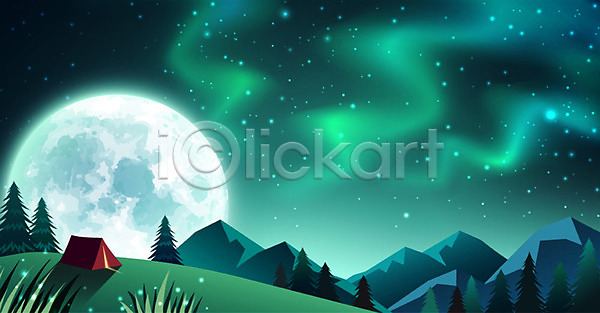 사람없음 AI(파일형식) 일러스트 계절 그래픽 그래픽백그라운드 밤하늘 백그라운드 별 보름달 산 야간 여름(계절) 여름풍경 오로라 초록색 초원(자연) 텐트 풍경(경치)