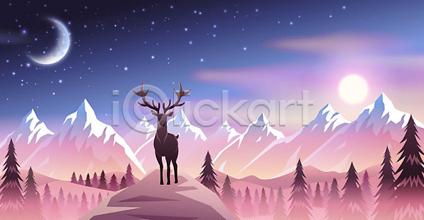 사람없음 AI(파일형식) 일러스트 겨울 겨울배경 계절 그래픽 그래픽백그라운드 나무 달 백그라운드 보라색 분홍색 사슴 산 숲 야간 오로라 풍경(경치) 하늘 한마리