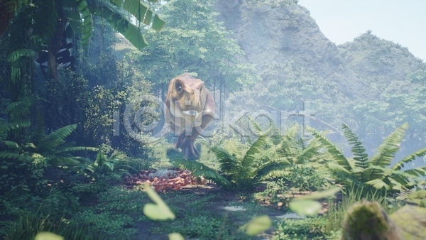 사람없음 3D JPG 해외이미지 걷기 고생물 산 숲 야생동물 야외 육식공룡 주간 쥬라기 티라노사우루스 풀(식물) 한마리