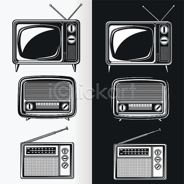 클래식 사람없음 EPS 일러스트 해외이미지 흑백 검은색 골동품 디자인 라디오 복고 아날로그 텔레비전