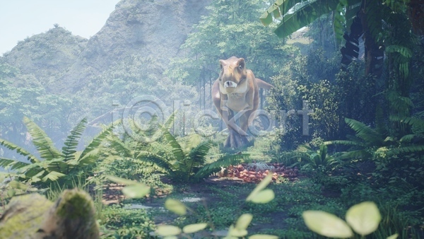 사람없음 3D JPG 해외이미지 걷기 고생물 길 산 숲 야생동물 야외 육식공룡 주간 쥬라기 티라노사우루스 풀(식물) 한마리