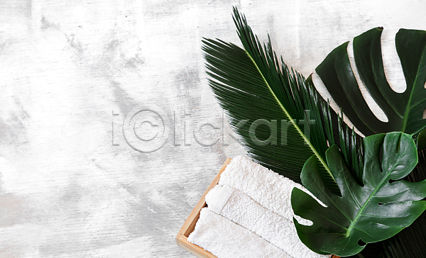 사람없음 JPG 포토 하이앵글 해외이미지 바디케어 수건 스파용품 야자수잎 열대잎 오브젝트