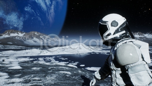 사람 한명 3D JPG 디지털합성 해외이미지 SF 겨울 빙하 산 상반신 우주 우주복 우주비행사 행성