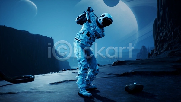 사람 한명 3D JPG 디지털합성 해외이미지 SF 골프 골프공 골프채 서기 스윙 우주복 우주비행사 전신 절벽 행성