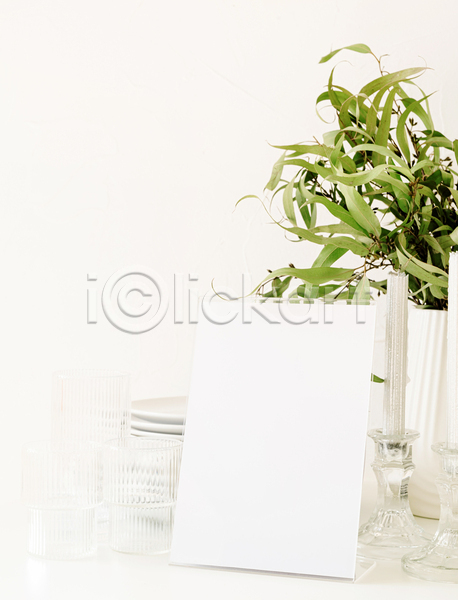 사람없음 JPG 포토 해외이미지 꽃병 메뉴판 목업 사각프레임 식물 실내 잎 잔 접시 초 촛대 프레임 흰배경